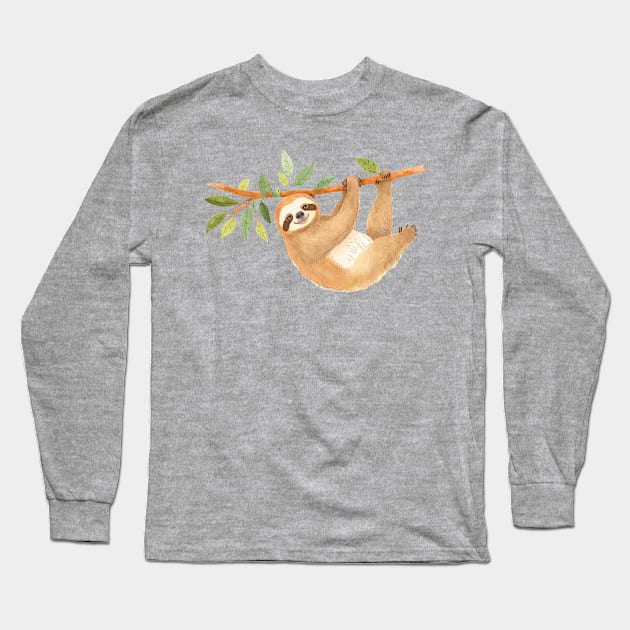 Kawaii Sloth Watercolor Long Sleeve T-Shirt by Odd World